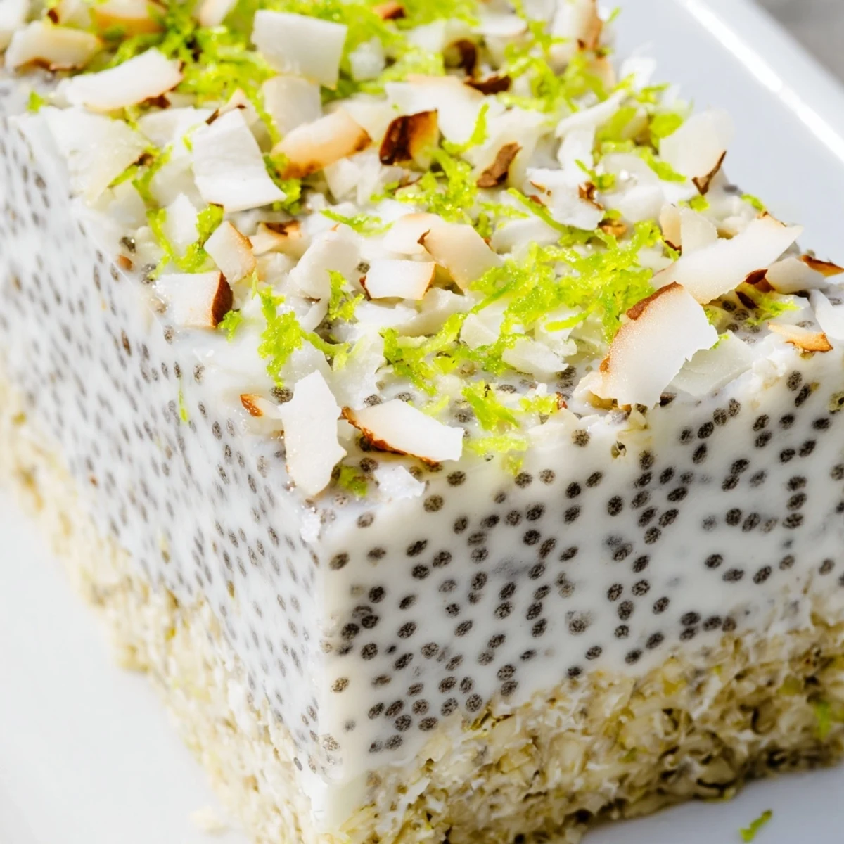 Creamy coconut lime chia pudding bars on a nutty crust garnished with green lime zest specks