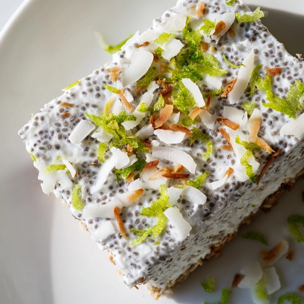 No bake zesty coconut lime chia pudding bars topped with toasted coconut shreds and fresh lime zest