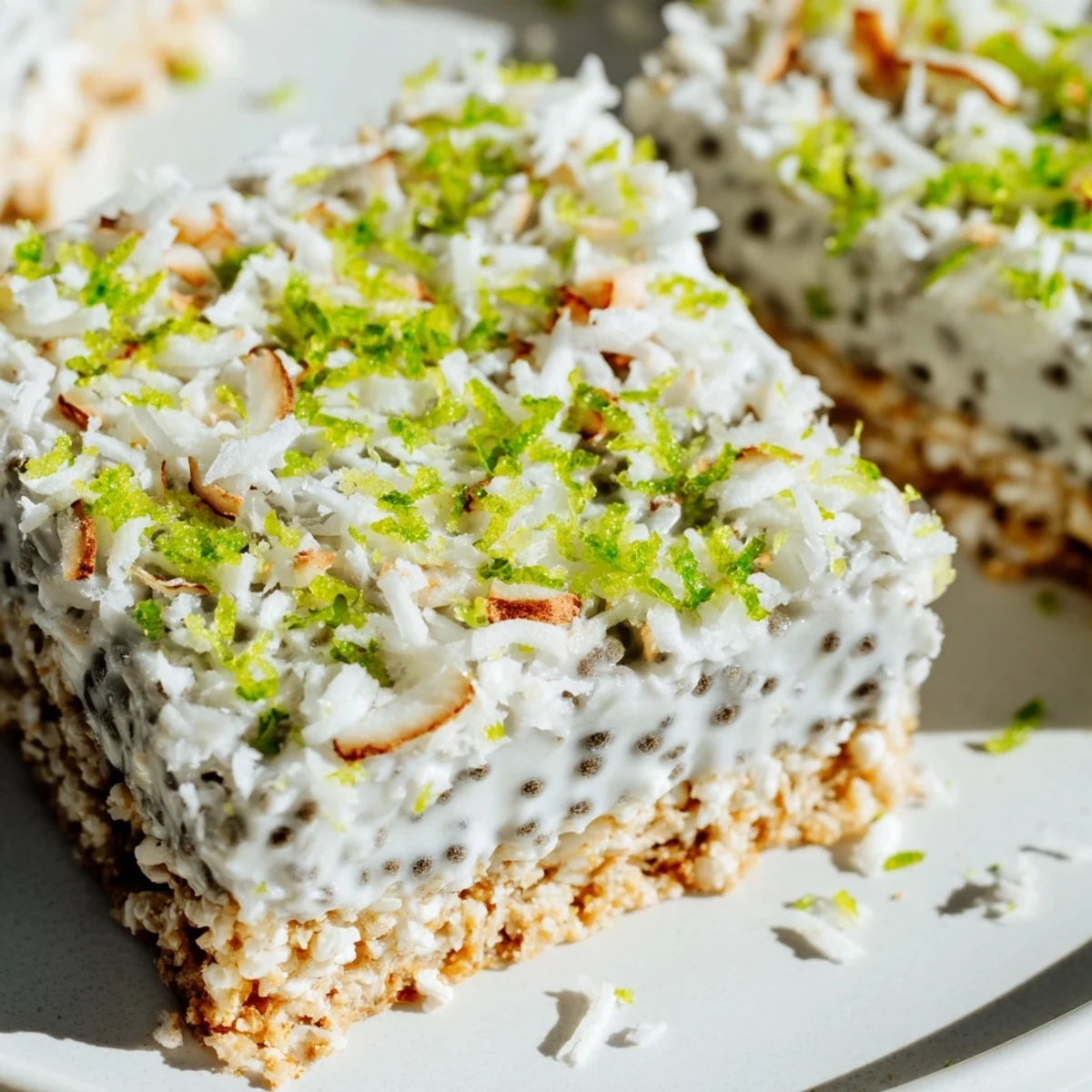 Square vegan coconut lime chia pudding bars sliced for serving with snowy toasted coconut topping