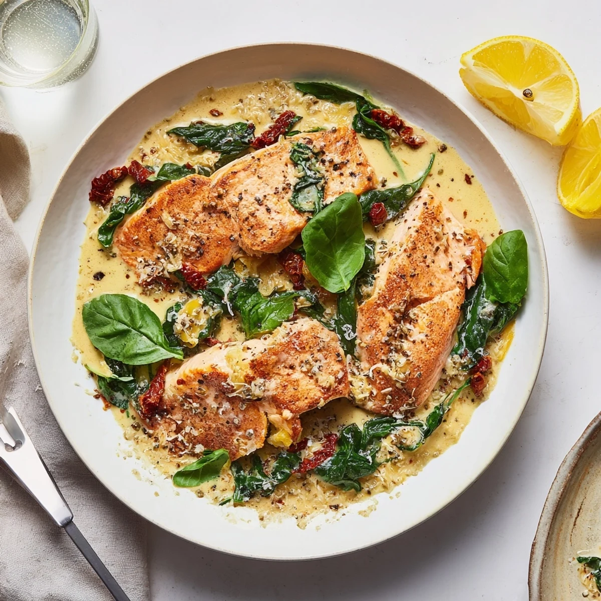 Creamy Tuscan salmon topped with wilted spinach and parmesan in a white skillet