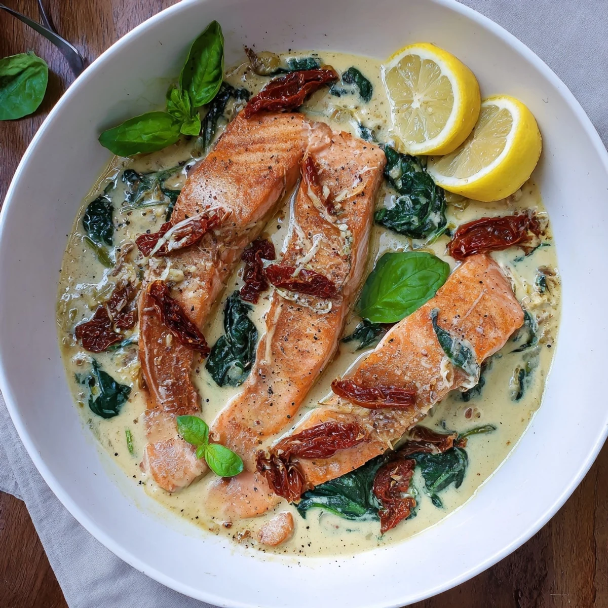 Flaky salmon pieces simmered in thick garlic cream sauce with sun-dried tomatoes and spinach