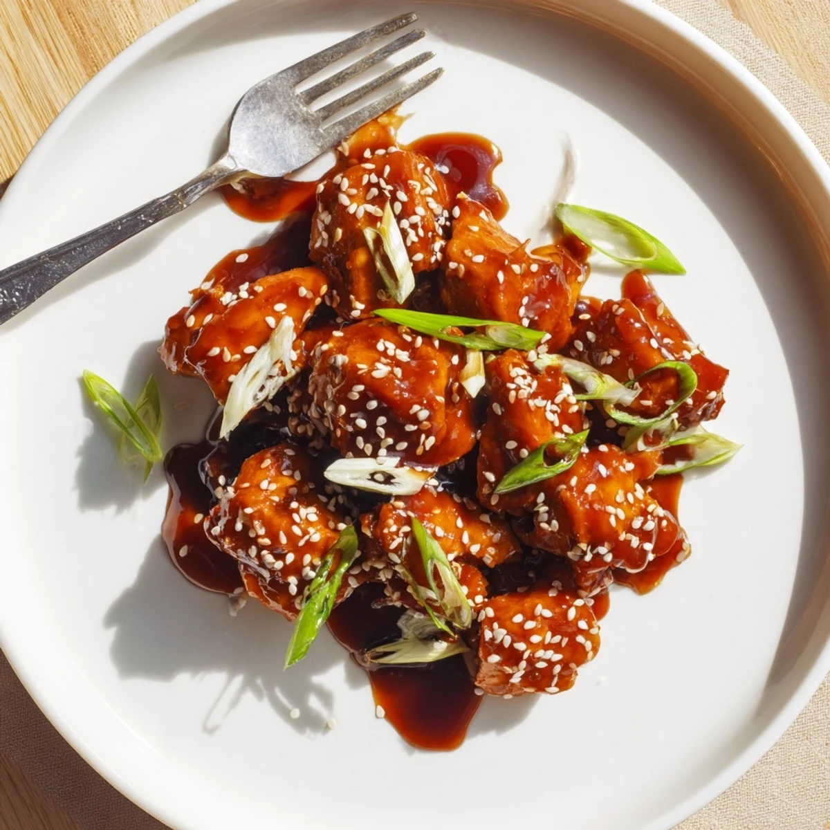 Slow cooker Teriyaki Chicken served over steamed white rice with fresh green onion garnish
