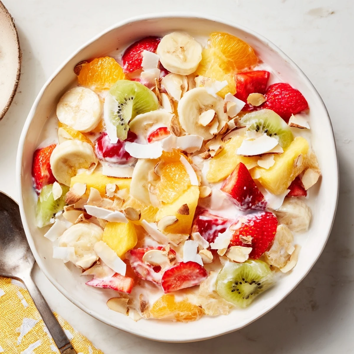 Colorful creamy fruit salad bowl featuring fresh strawberries, grapes, pineapple, and kiwi in silky vanilla yogurt dressing