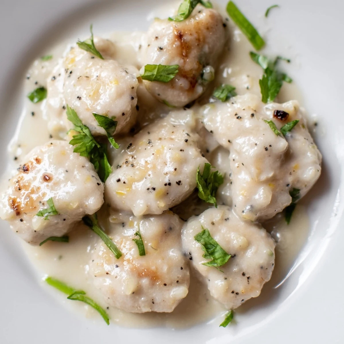 Tender chicken simmered in coconut lime sauce served over rice with lime wedges on plate