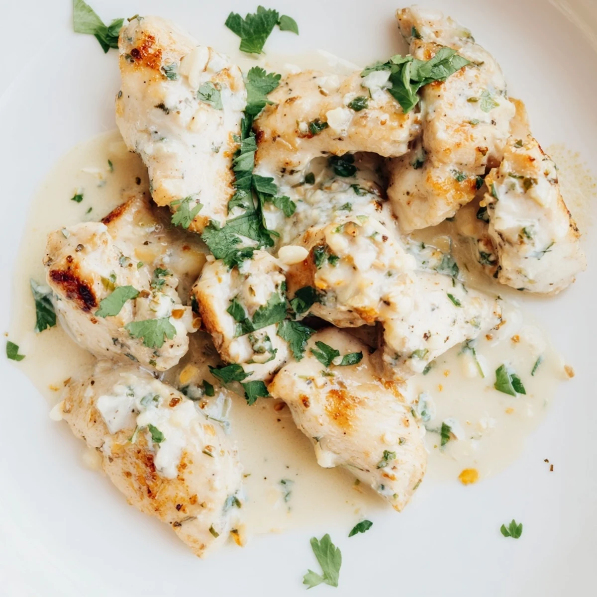 Juicy pan-seared chicken in coconut milk with zesty lime and chili flakes scattered on top