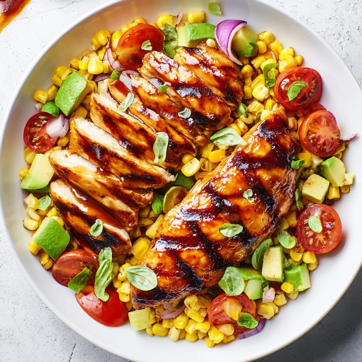 Juicy grilled hot honey chicken sliced atop colorful corn salad with avocado tomatoes cilantro and basil