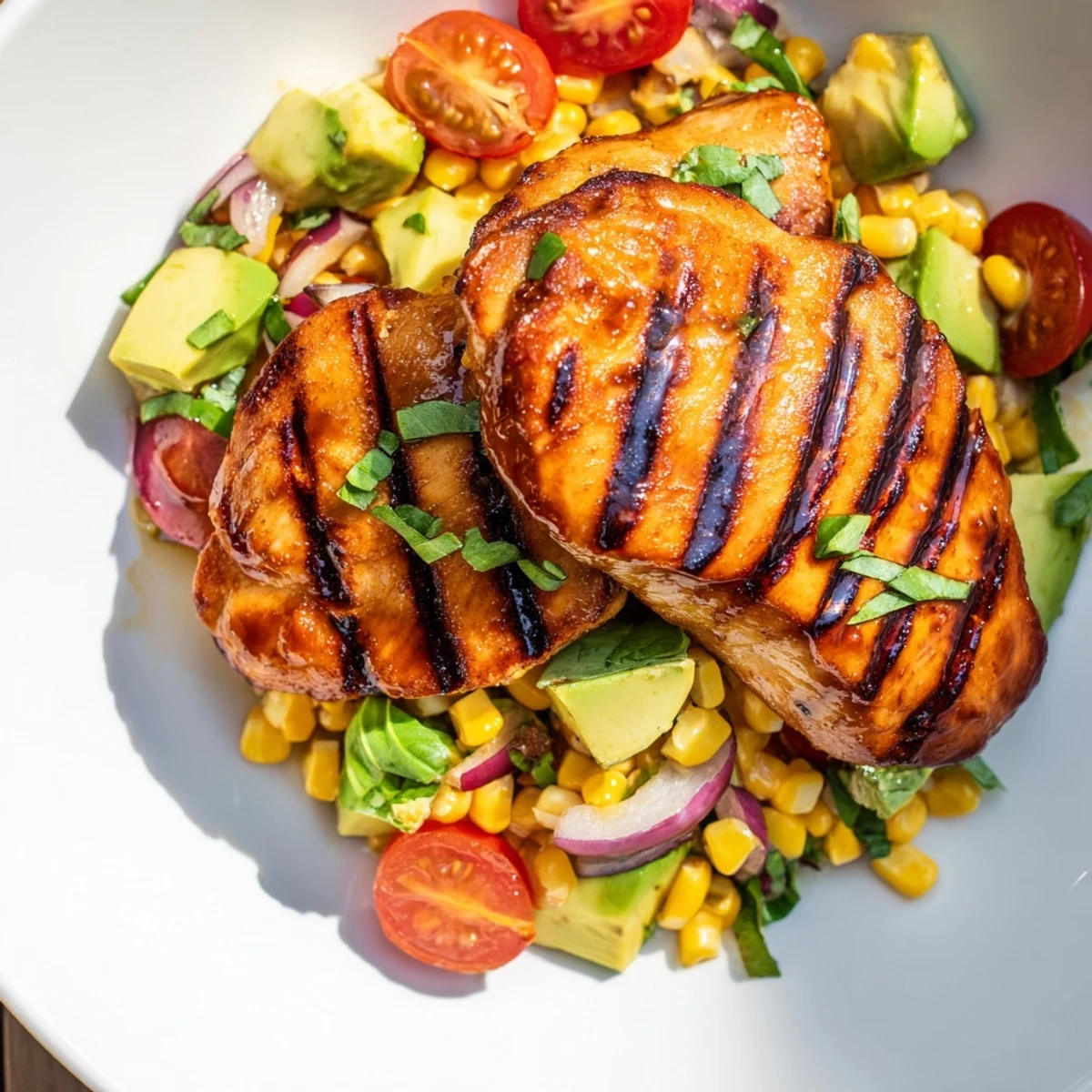Golden grilled chicken breasts glazed with spicy hot honey served over sweet corn salad with fresh herbs