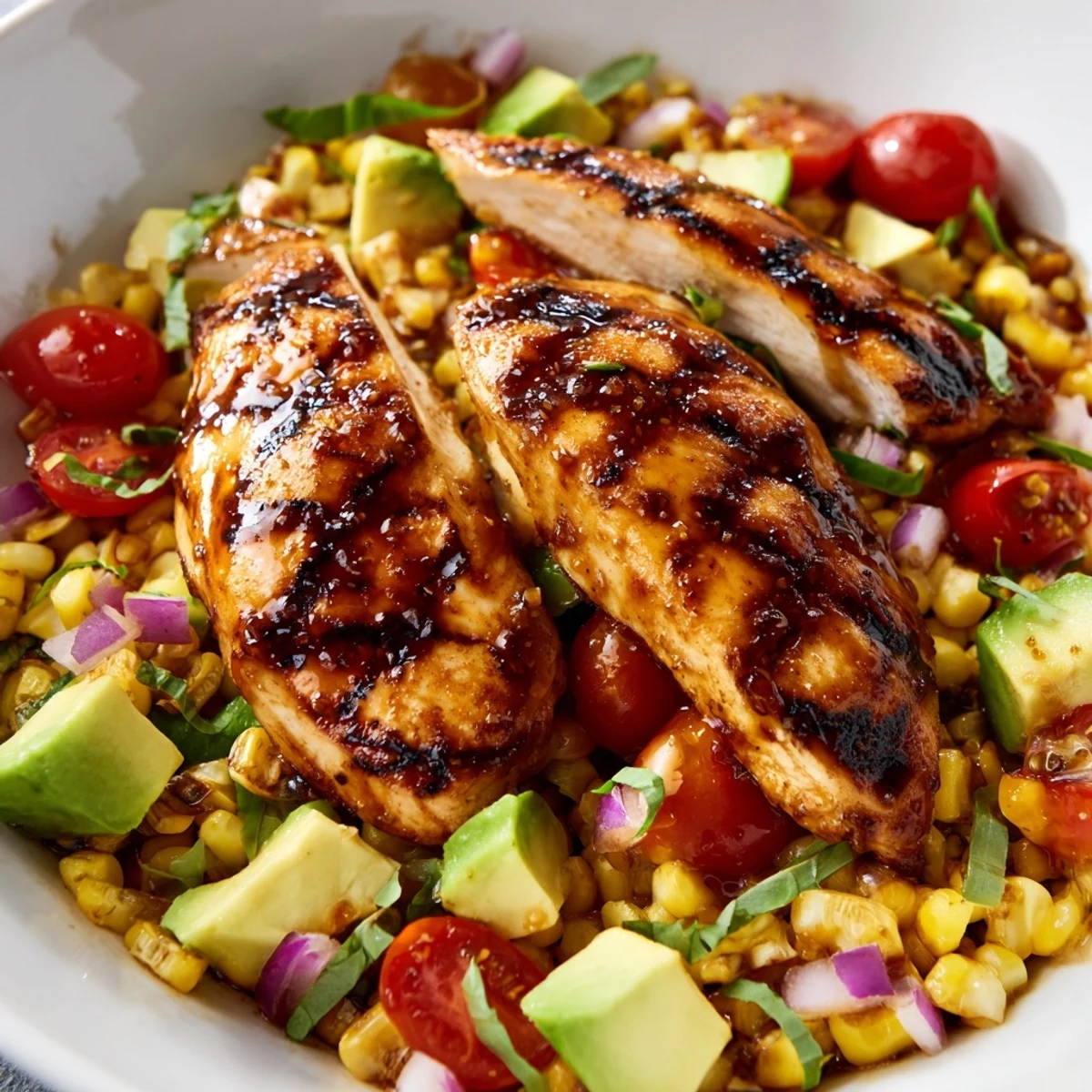 Summer plate featuring hot honey glazed grilled chicken paired with refreshing sweet corn salad and lime dressing