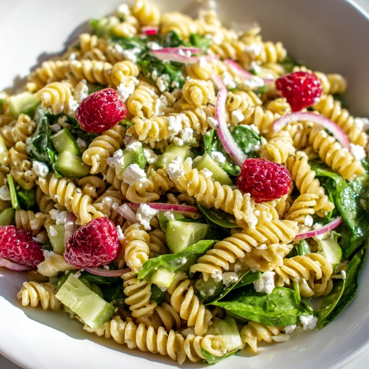 Colorful bowl of raspberry spinach feta pasta salad tossed with fresh vegetables and tangy vinaigrette