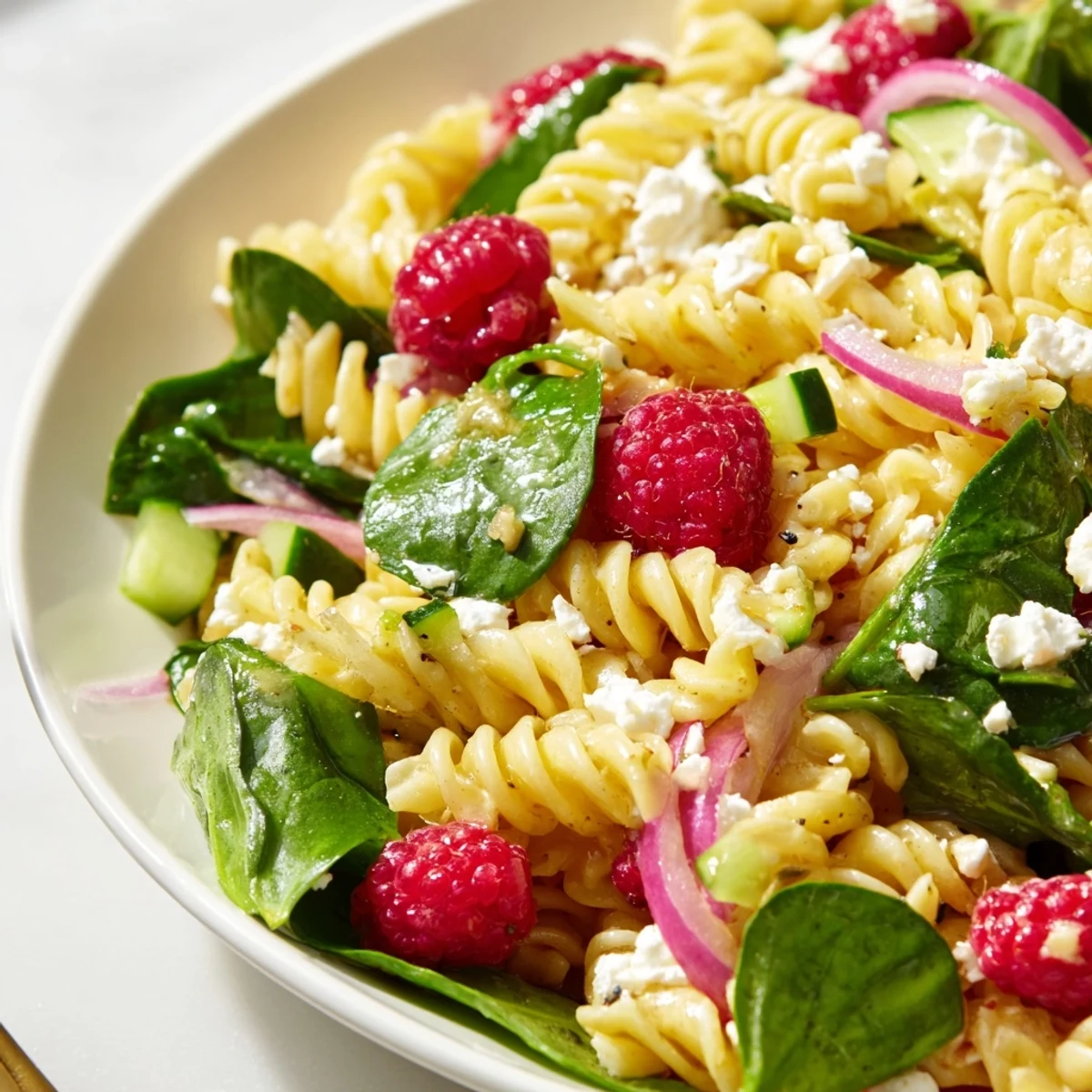 Summer pasta salad with sweet raspberries, baby spinach, crumbled feta cheese, and light lemon dressing