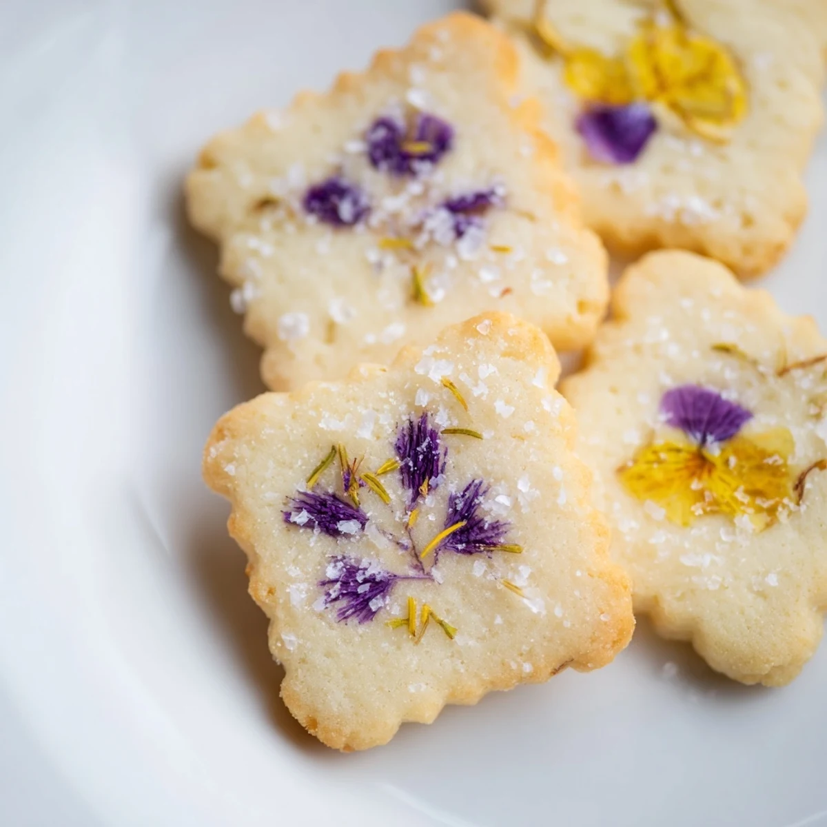 Golden spring flower shortbread cookies topped with colorful edible violets and pansies on a white serving plate