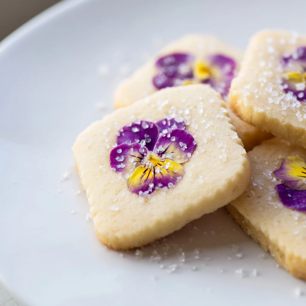Buttery shortbread cookies decorated with pressed rose petals and marigolds ready for afternoon tea service