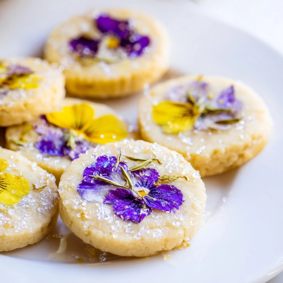 Delicate floral shortbread cookies sprinkled with granulated sugar featuring vibrant spring blossoms on baking sheet