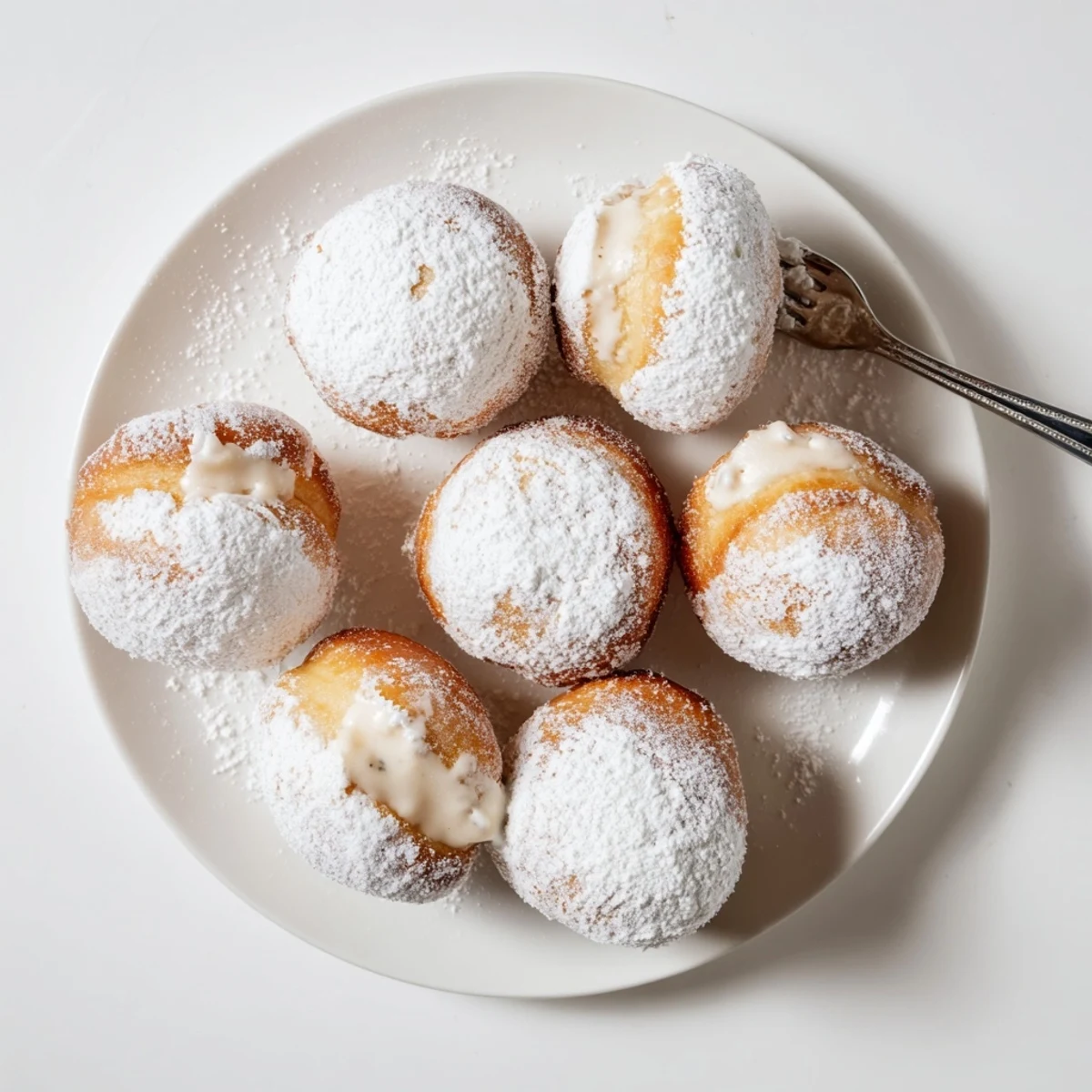 Pillowy fried donuts filled with sweet vanilla milk cream and coated in sugar