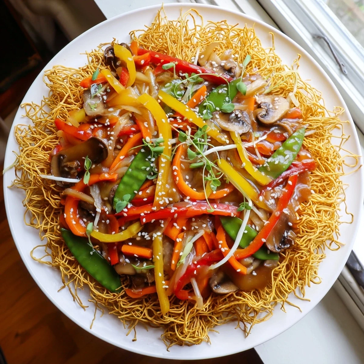 Golden crispy noodles topped with colorful stir-fried vegetables in savory sauce