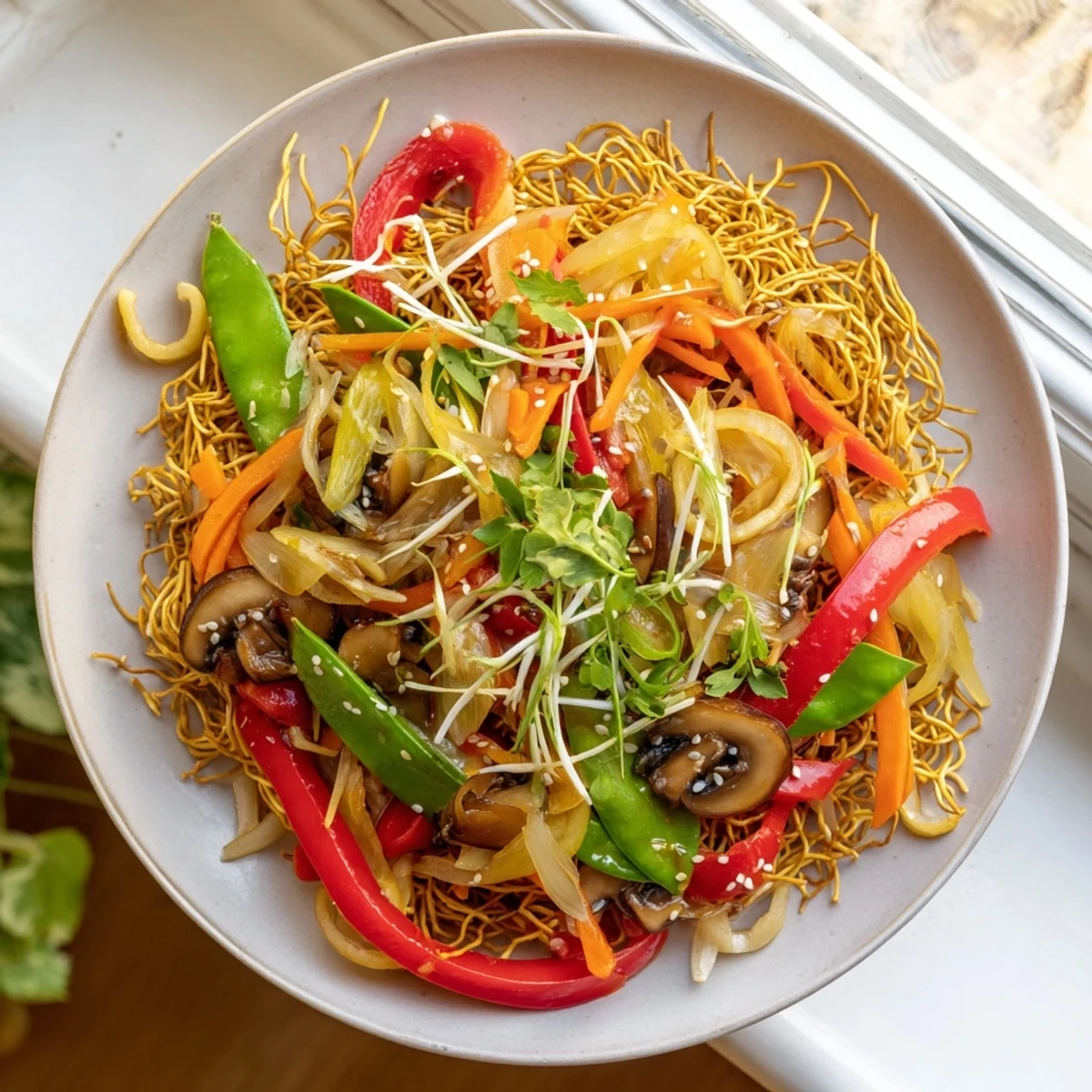 Vibrant vegetable medley served over crispy chow mein noodles with tangy glaze