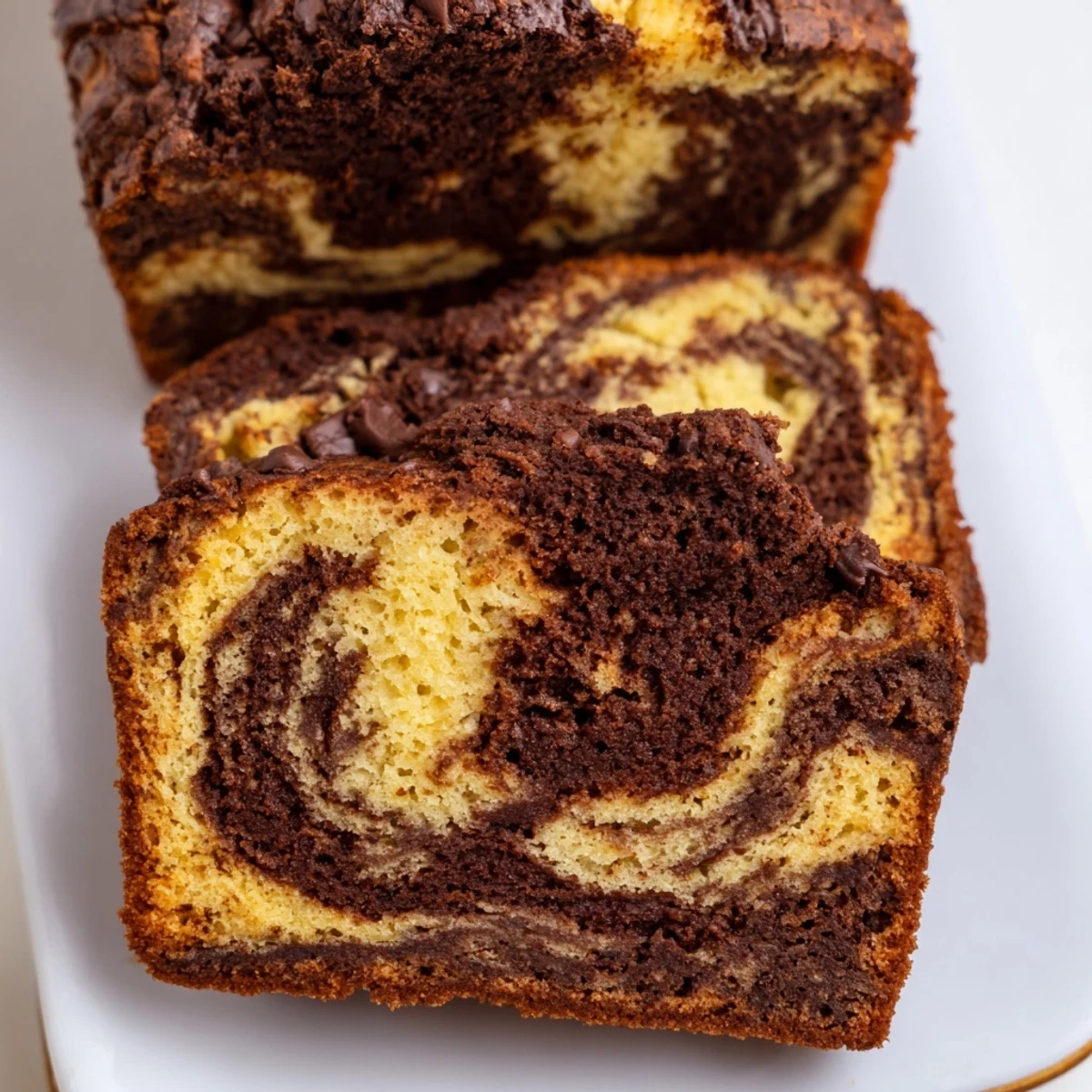 Decadent tray of moist banana bread brownie bars topped with melted chocolate chips and ripe banana chunks
