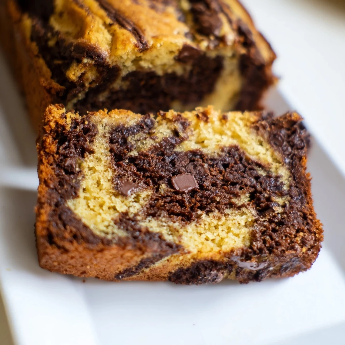 Freshly baked banana bread brownie bars with marbled chocolate and banana swirls on a wooden cutting board