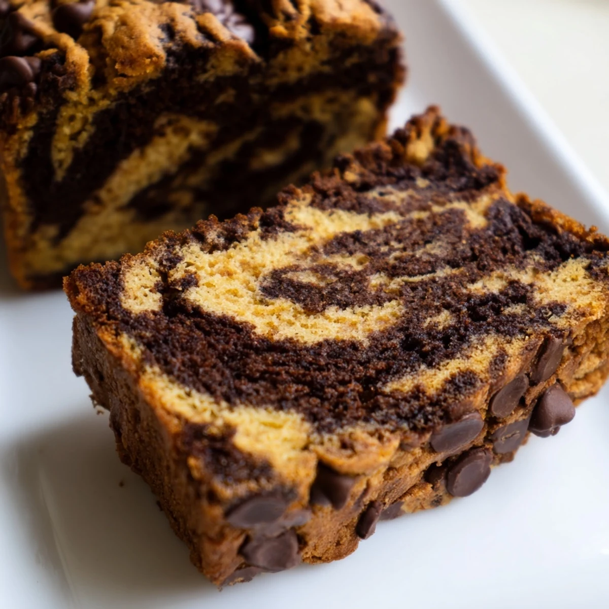 Warm banana bread brownie bars sliced into squares showcasing the swirled chocolate and banana layers throughout