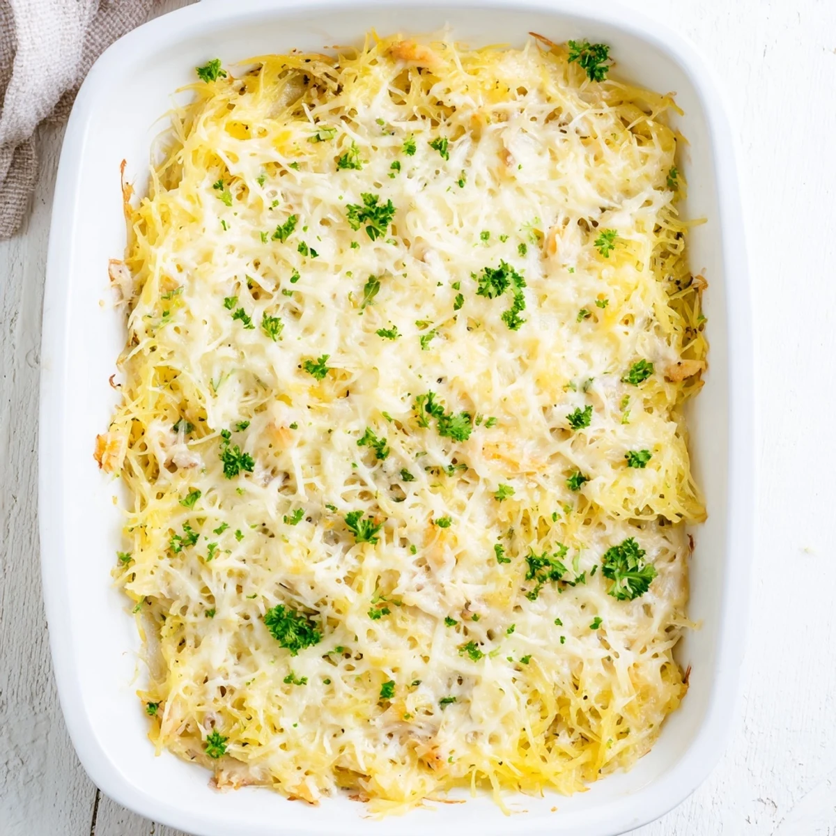 Golden bubbly Spaghetti Squash Au Gratin topped with melted Gruyère cheese and fresh parsley