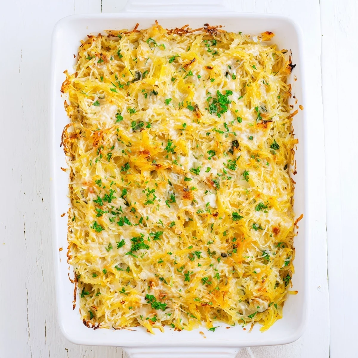 Comforting Spaghetti Squash Au Gratin featuring roasted squash strands in rich cheese sauce