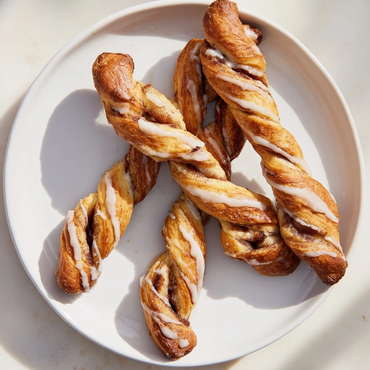 Fluffy baked sweet cinnamon twists with spiraled cinnamon sugar filling and white icing