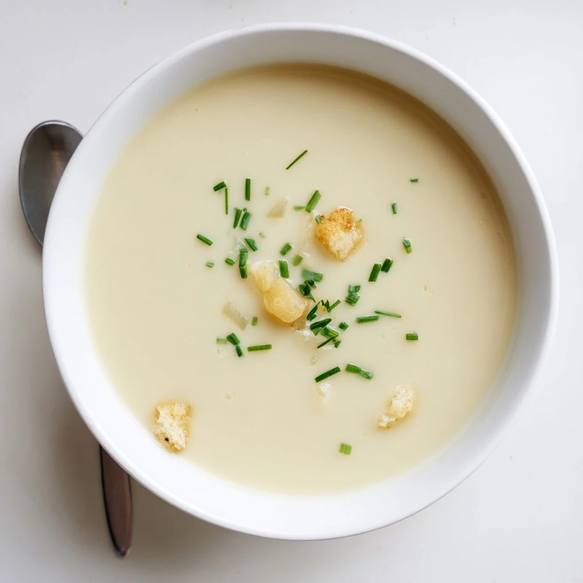Bowl of creamy potato leek soup garnished with fresh chives and crispy croutons