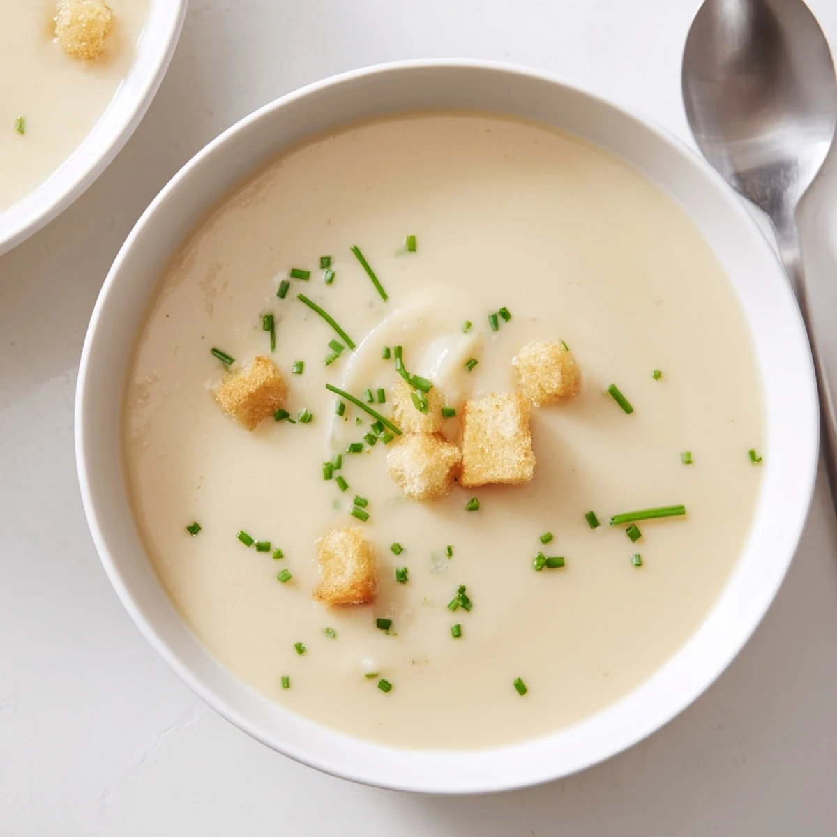 Steam rising from a rustic bowl of French-style potato leek soup with parsley sprinkles