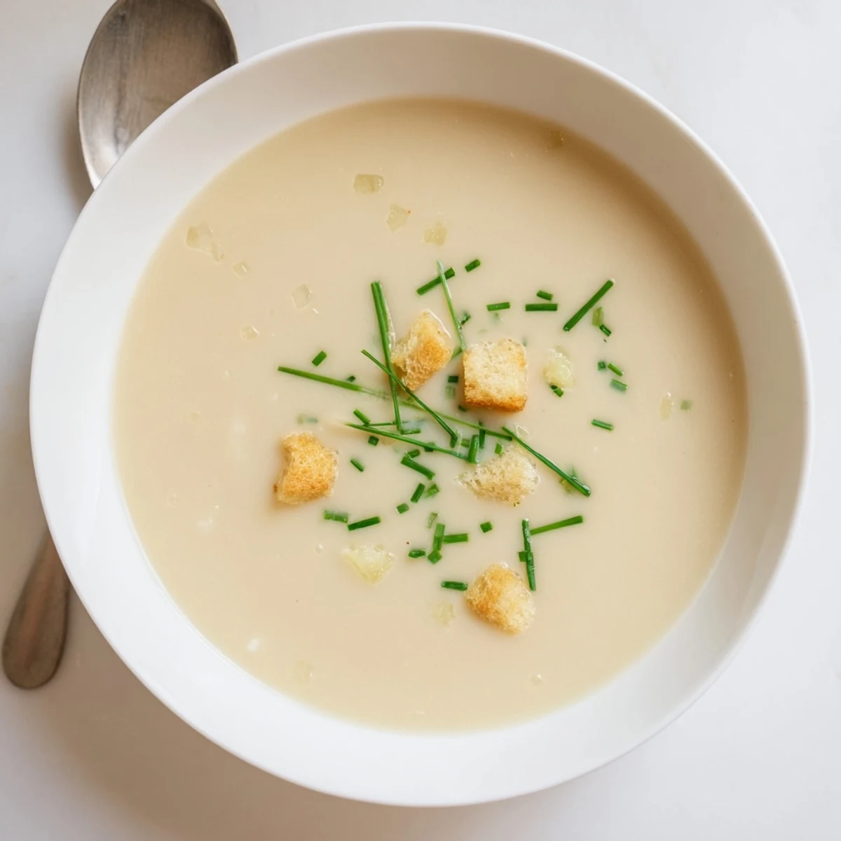 Velvety smooth potato leek soup served with crusty bread for a comforting meal