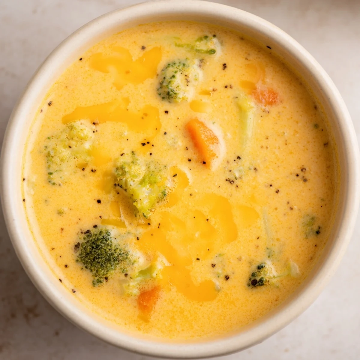 Steaming bowl of creamy broccoli cheddar soup garnished with extra shredded cheese and black pepper