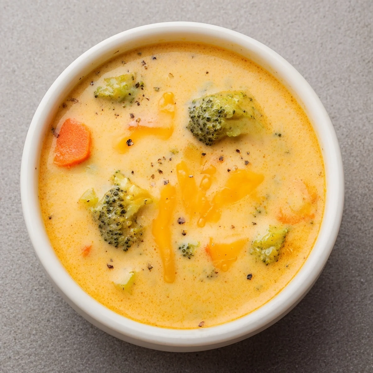 Golden velvety broccoli cheddar soup ladled into white bowl with crusty bread on the side