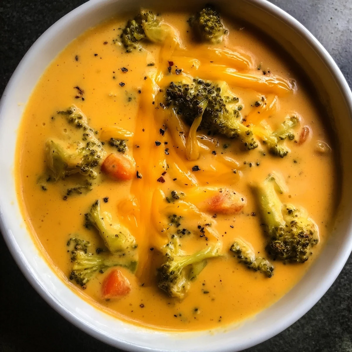 Rich homemade broccoli cheddar soup featuring tender green florets in smooth orange cheese broth