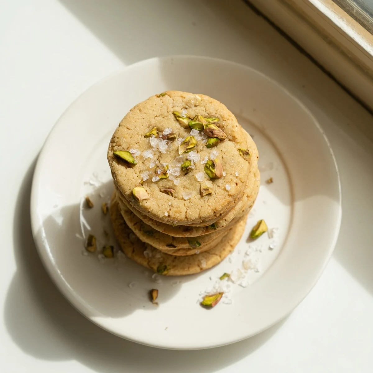 Close-up of tender pistachio cookies studded with green roasted nuts and buttery edges