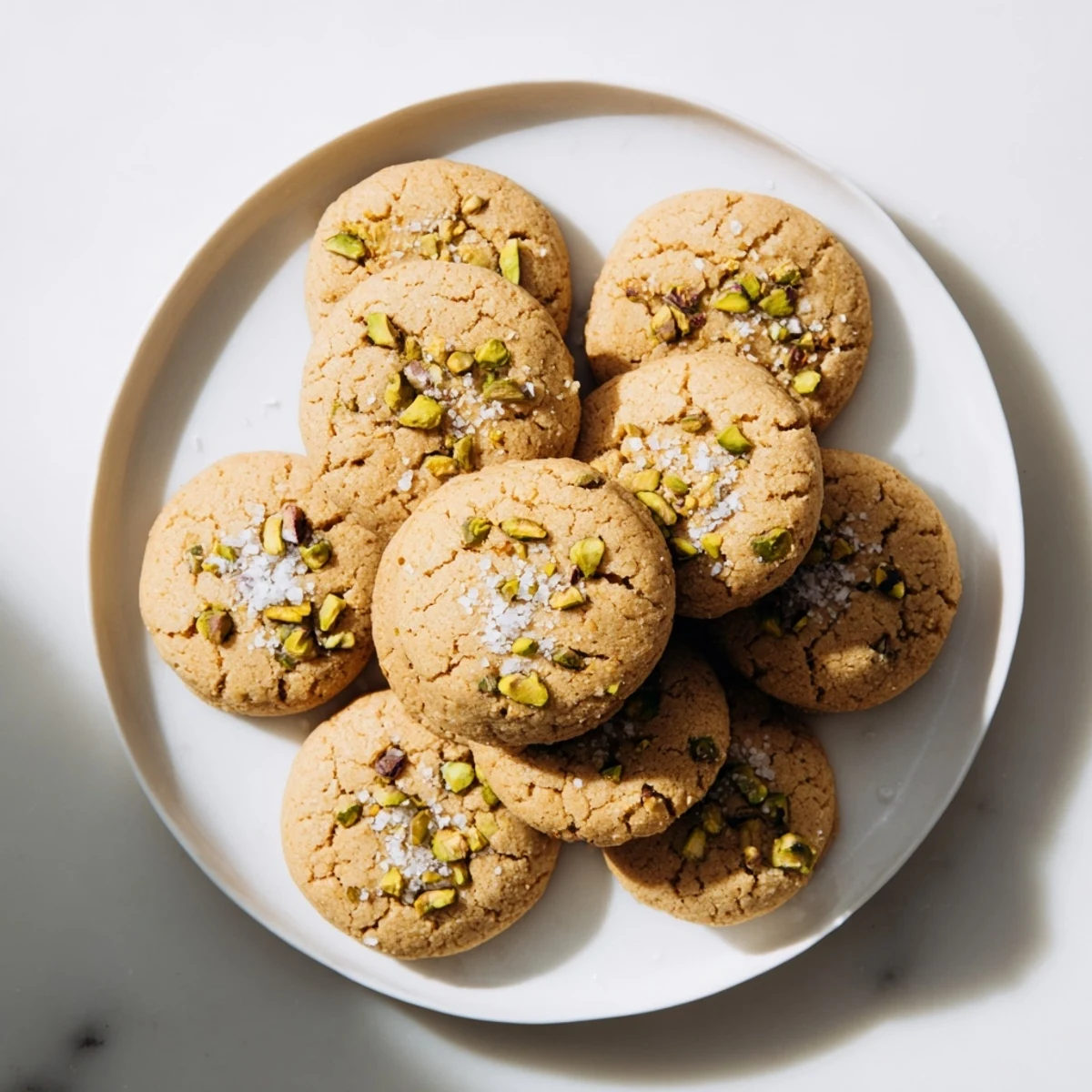 Golden brown salted pistachio cookies topped with flaky sea salt on a white plate
