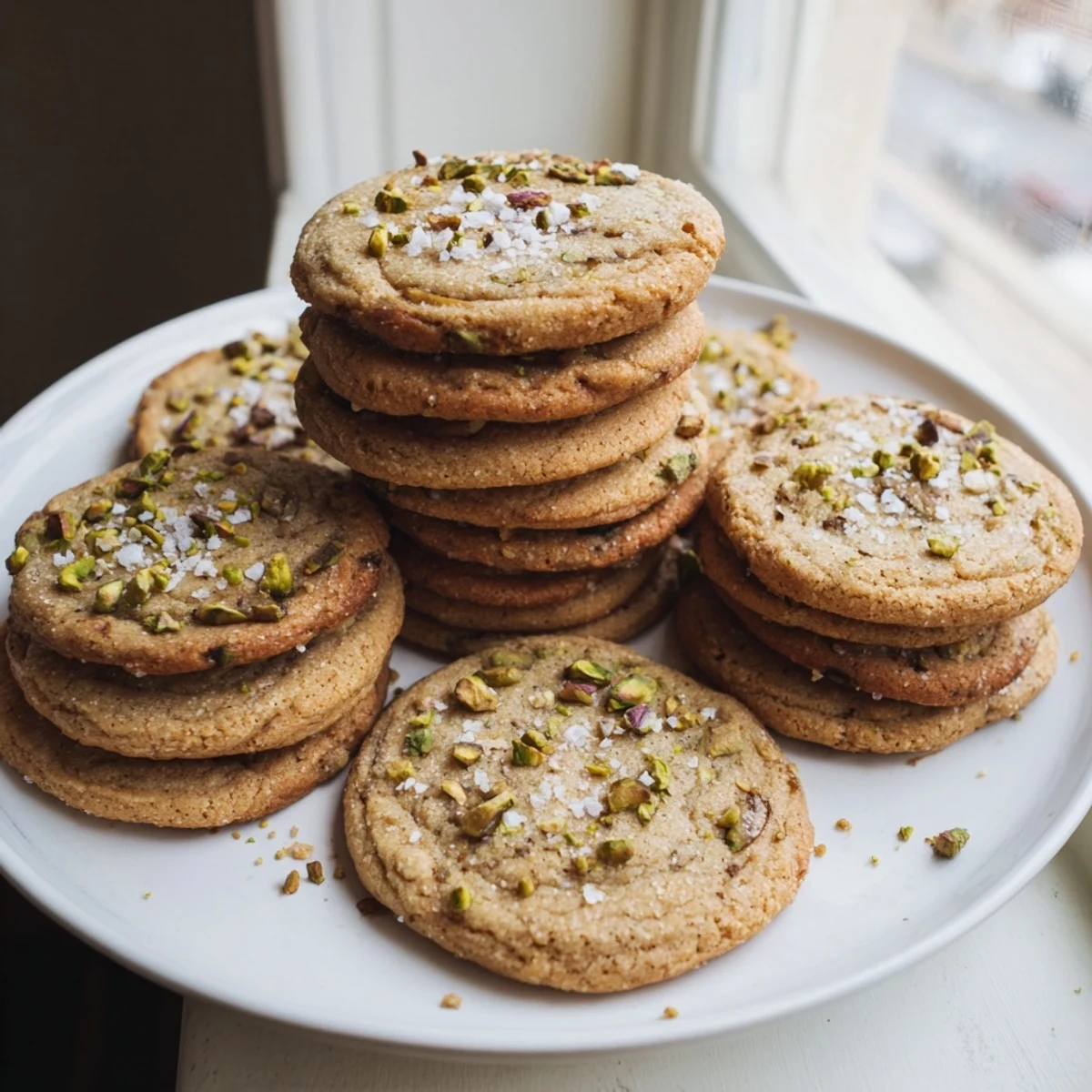Stack of homemade salted pistachio cookies with chopped nuts visible on a wooden board