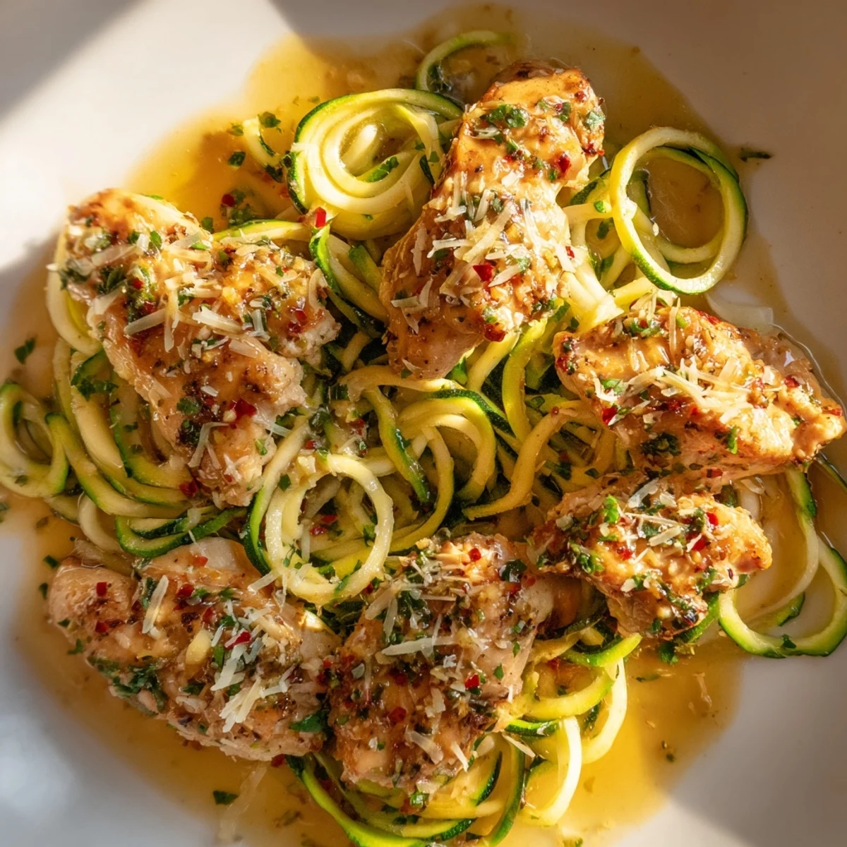 Tender low carb garlic butter chicken with zucchini noodles ready for meal prep containers