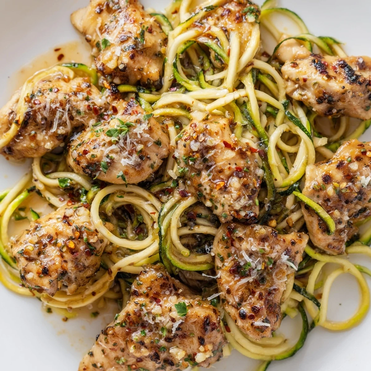 Savory chicken and spiralized zucchini tossed in garlic butter sauce with fresh parsley garnish