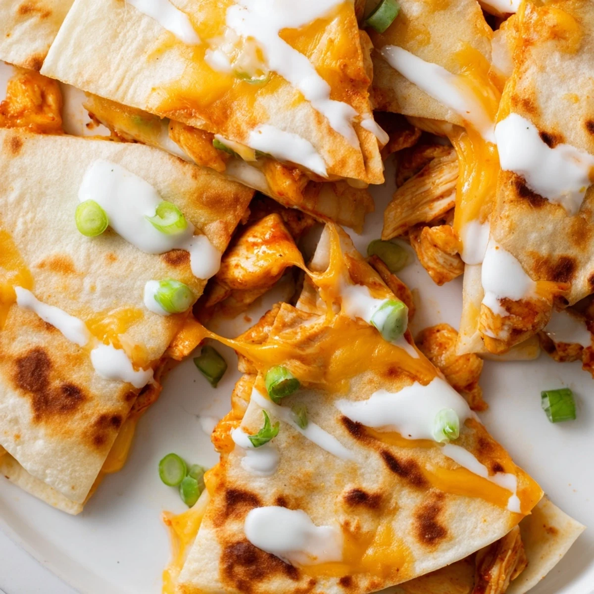 Spicy shredded buffalo chicken and melted cheese inside a crispy flour tortilla half-moon