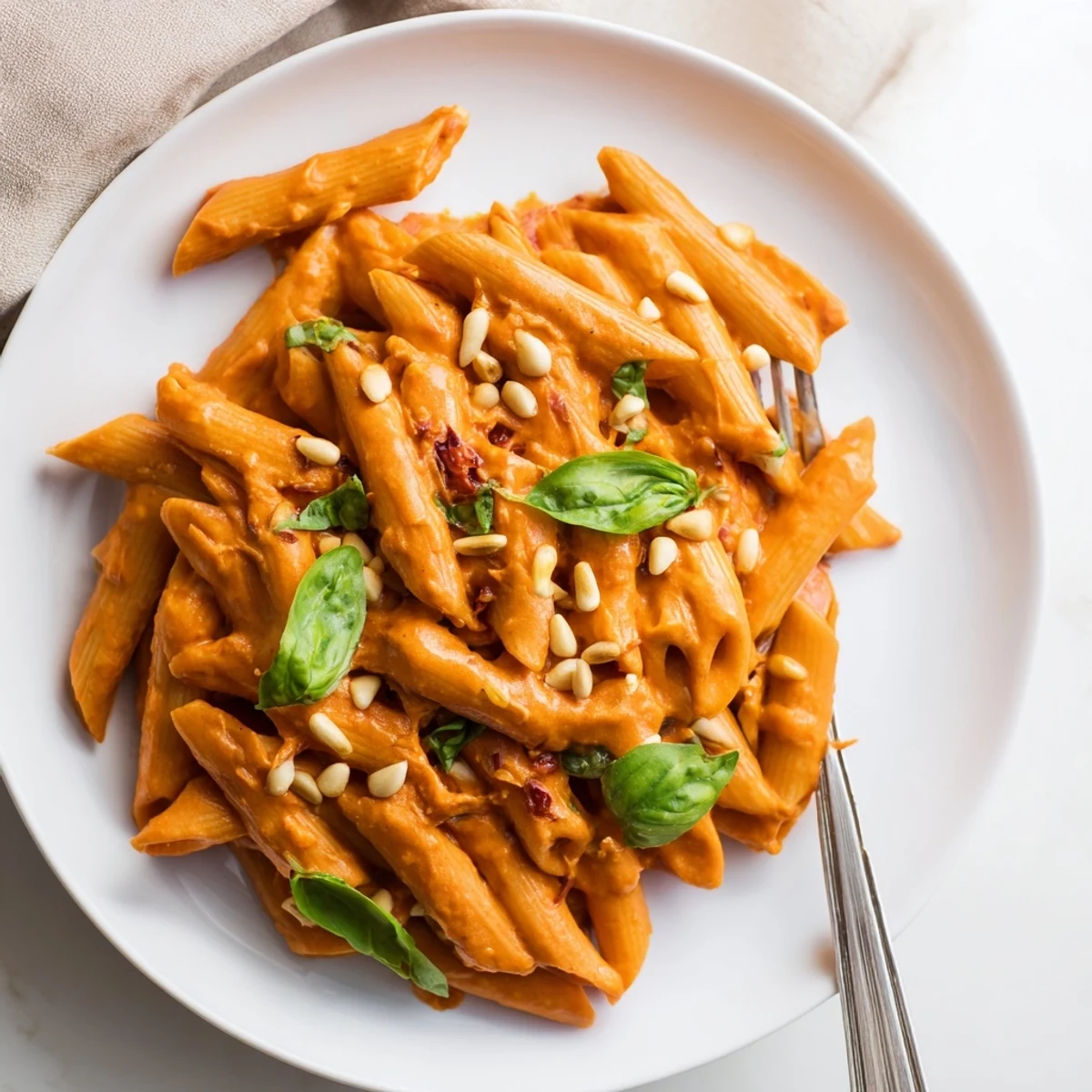 Golden creamy vegan sun dried tomato pasta coated in rich red sauce with fresh basil garnish