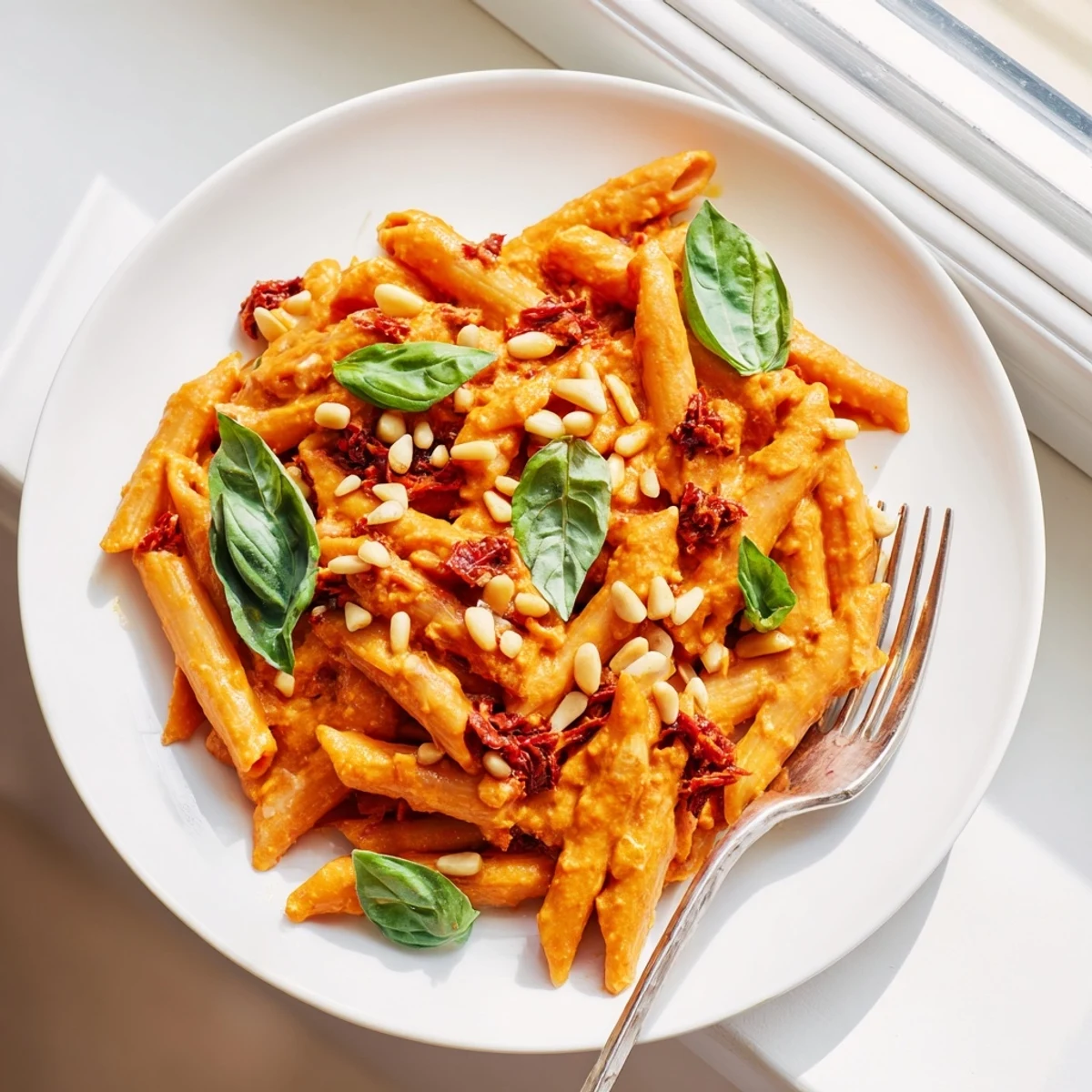 Twirled pasta strands drizzled with luscious dairy-free sun dried tomato sauce and toasted pine nuts