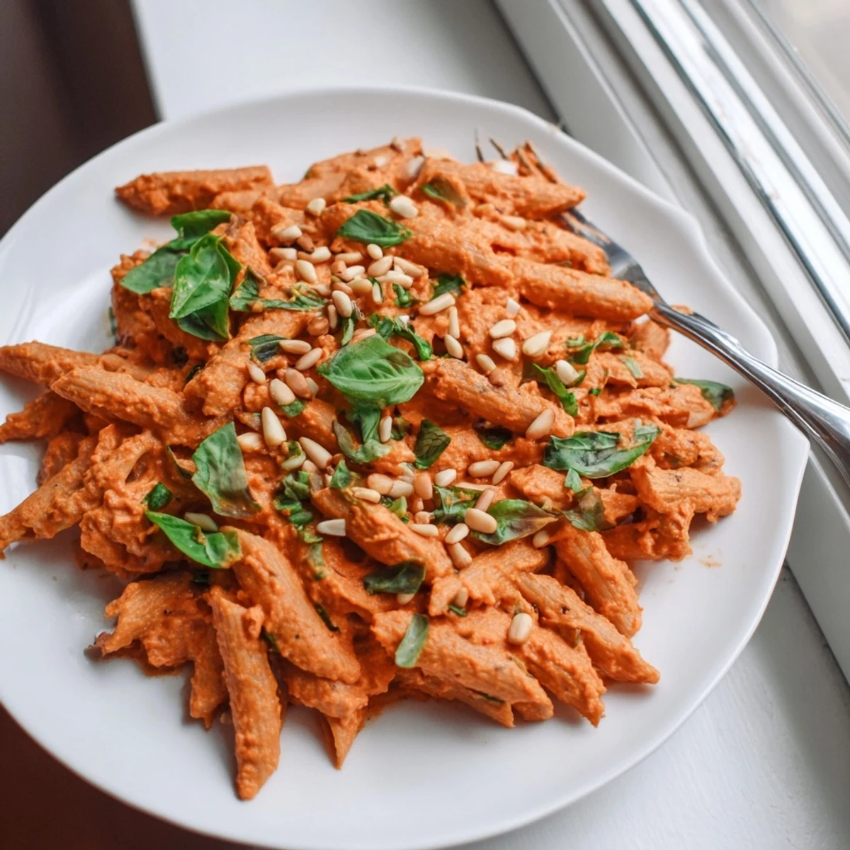 Close-up of tender pasta noodles smothered in thick velvety vegan sun dried tomato cream sauce