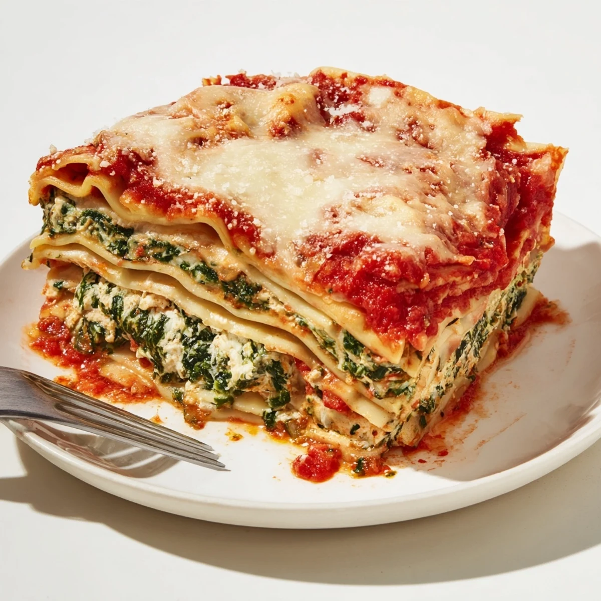 Golden bubbly classic spinach ricotta lasagna with layers of melted mozzarella and rich marinara sauce