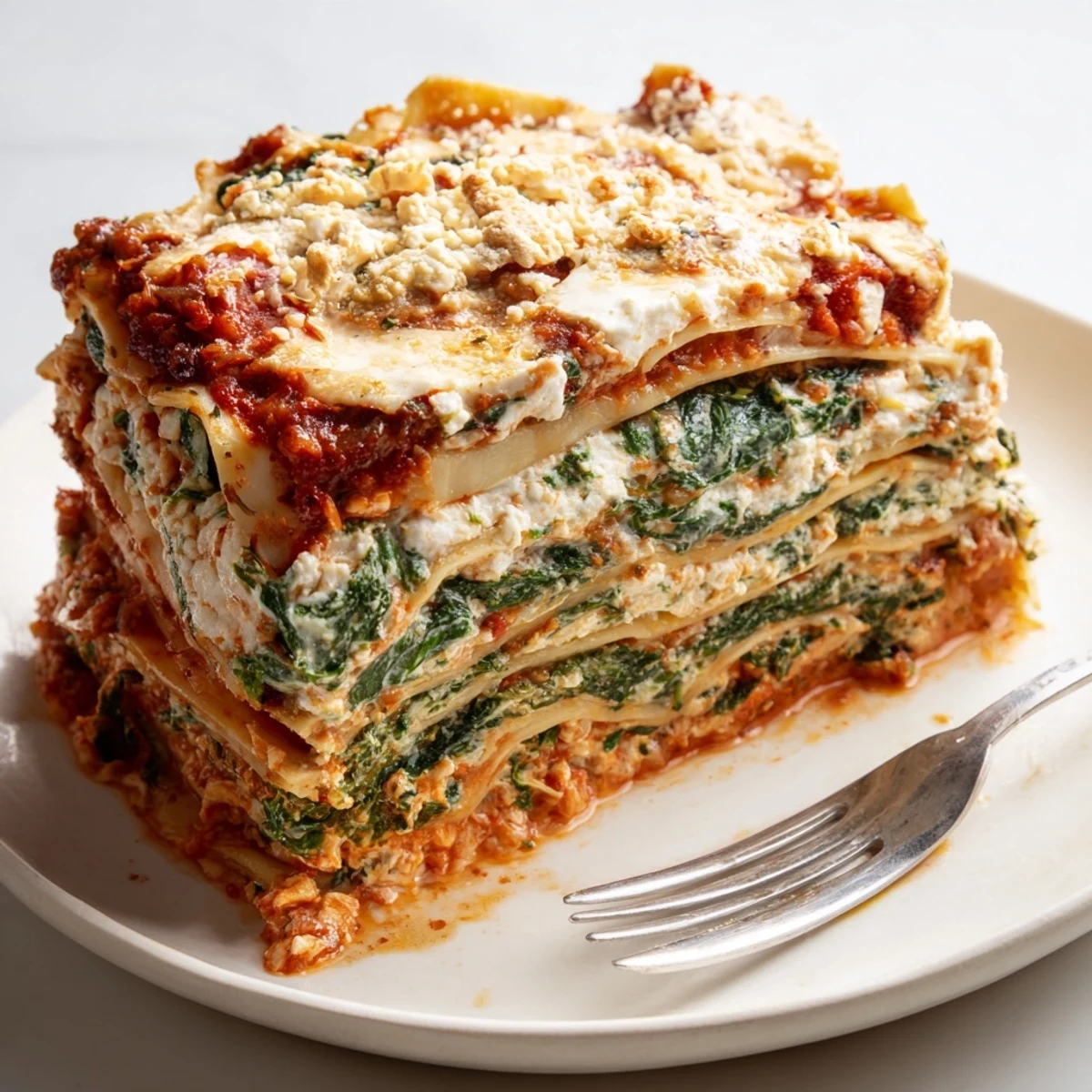 Square slice of vegetarian classic spinach ricotta lasagna showing distinct ricotta and spinach layers