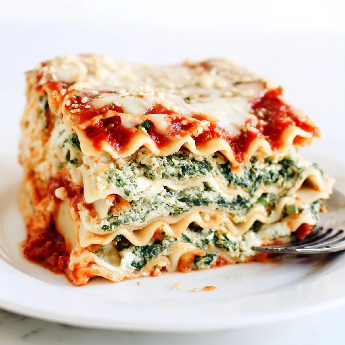 Baked classic spinach ricotta lasagna in a white dish topped with golden brown cheese