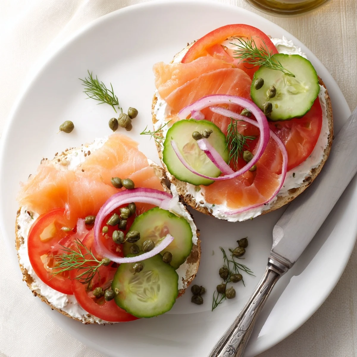Open-faced smoked salmon bagel sandwich layered with red onion, tomato, and fresh dill