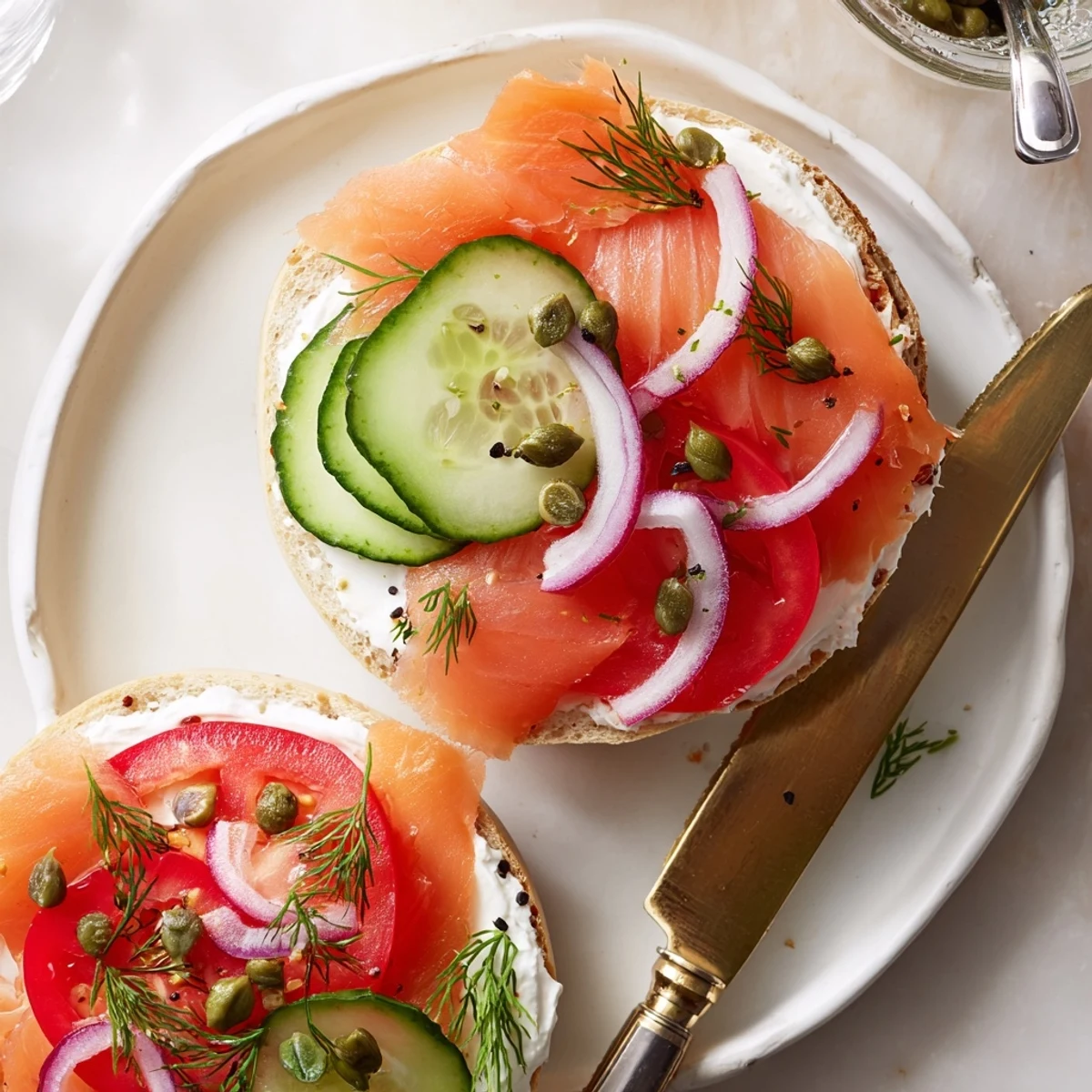 Classic deli-style smoked salmon bagel sandwich with capers and cream cheese on toasted bagel
