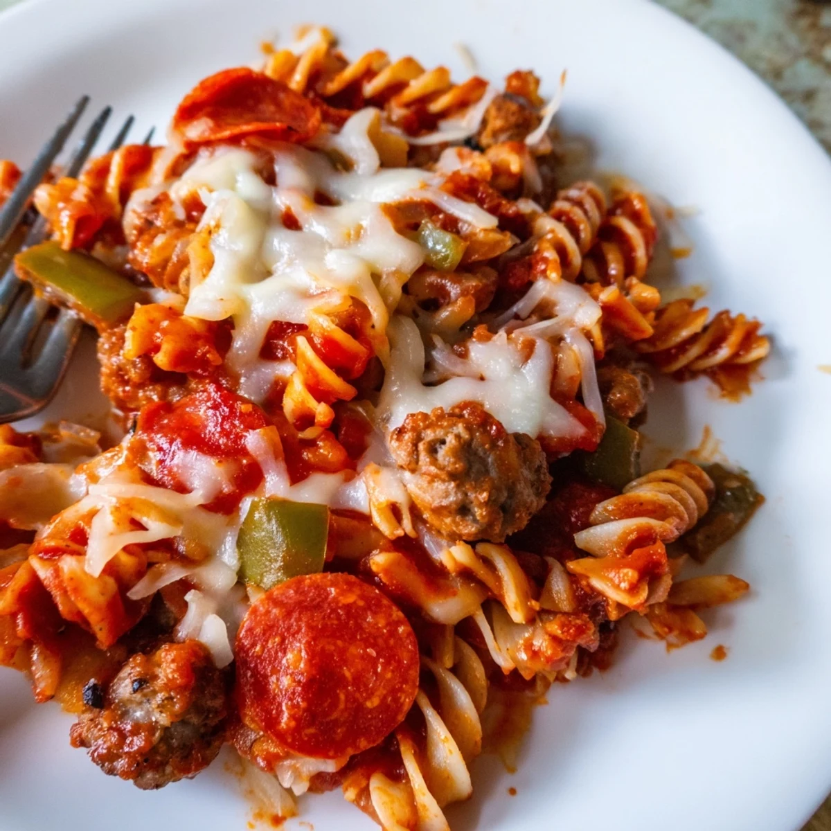 Hearty crockpot pizza pasta dish with rotini noodles, Italian sausage, and bubbling cheese in a ceramic bowl