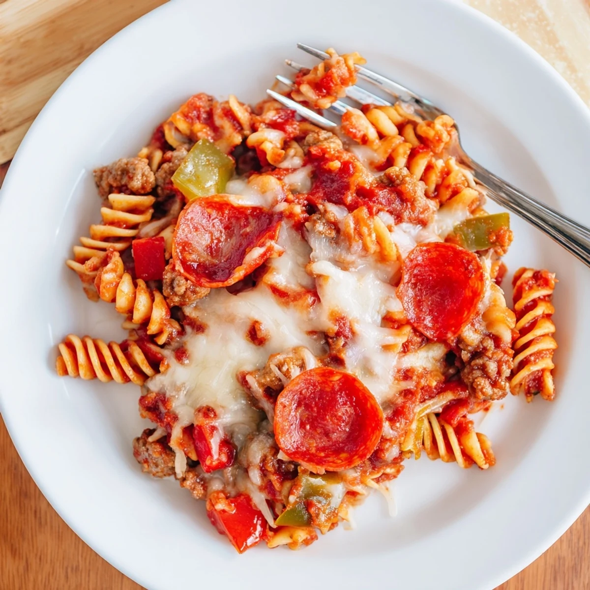 Steaming Crockpot pizza pasta topped with melted mozzarella and pepperoni slices in a slow cooker