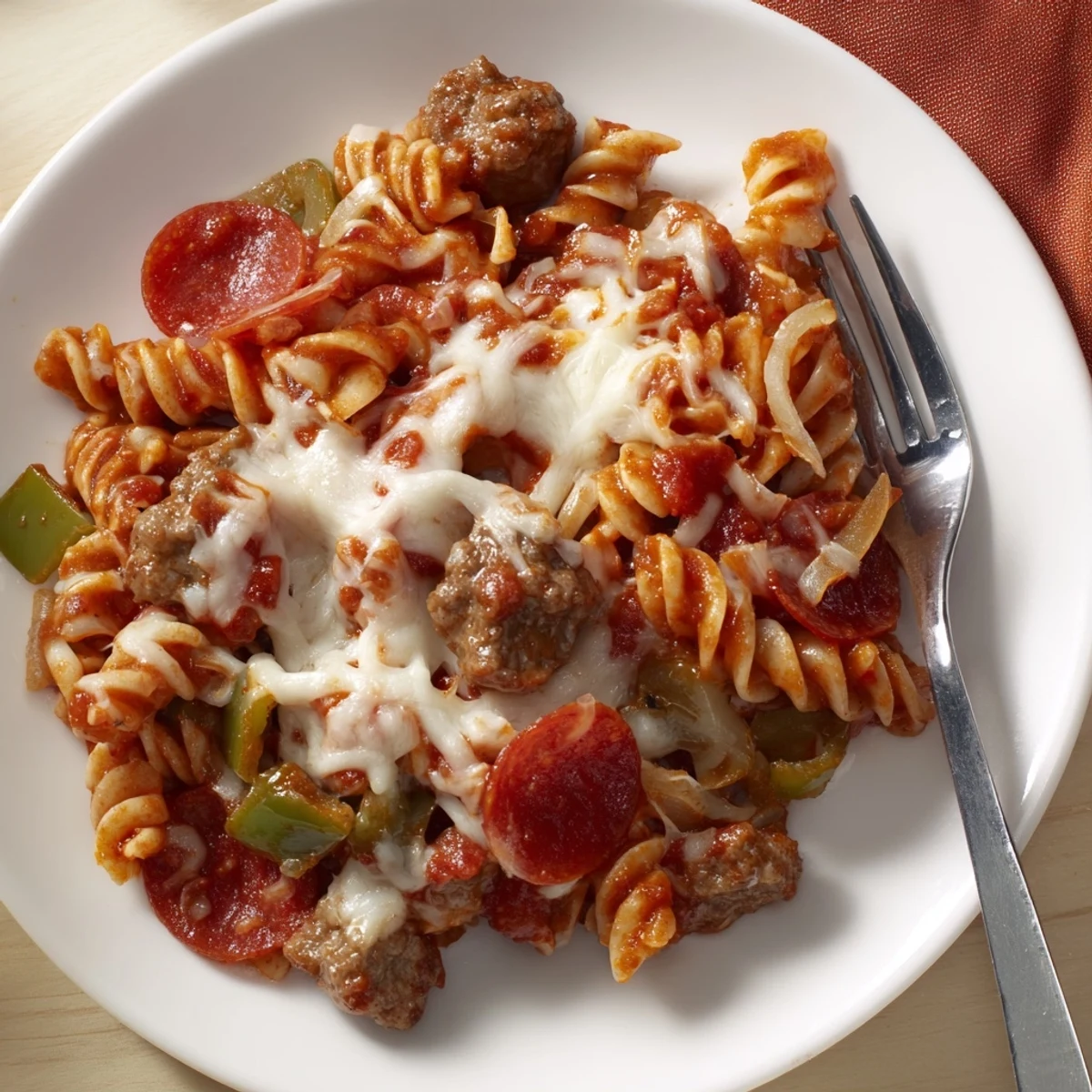 Family-style crockpot pizza pasta featuring ground beef, bell peppers, and golden brown melted cheese topping