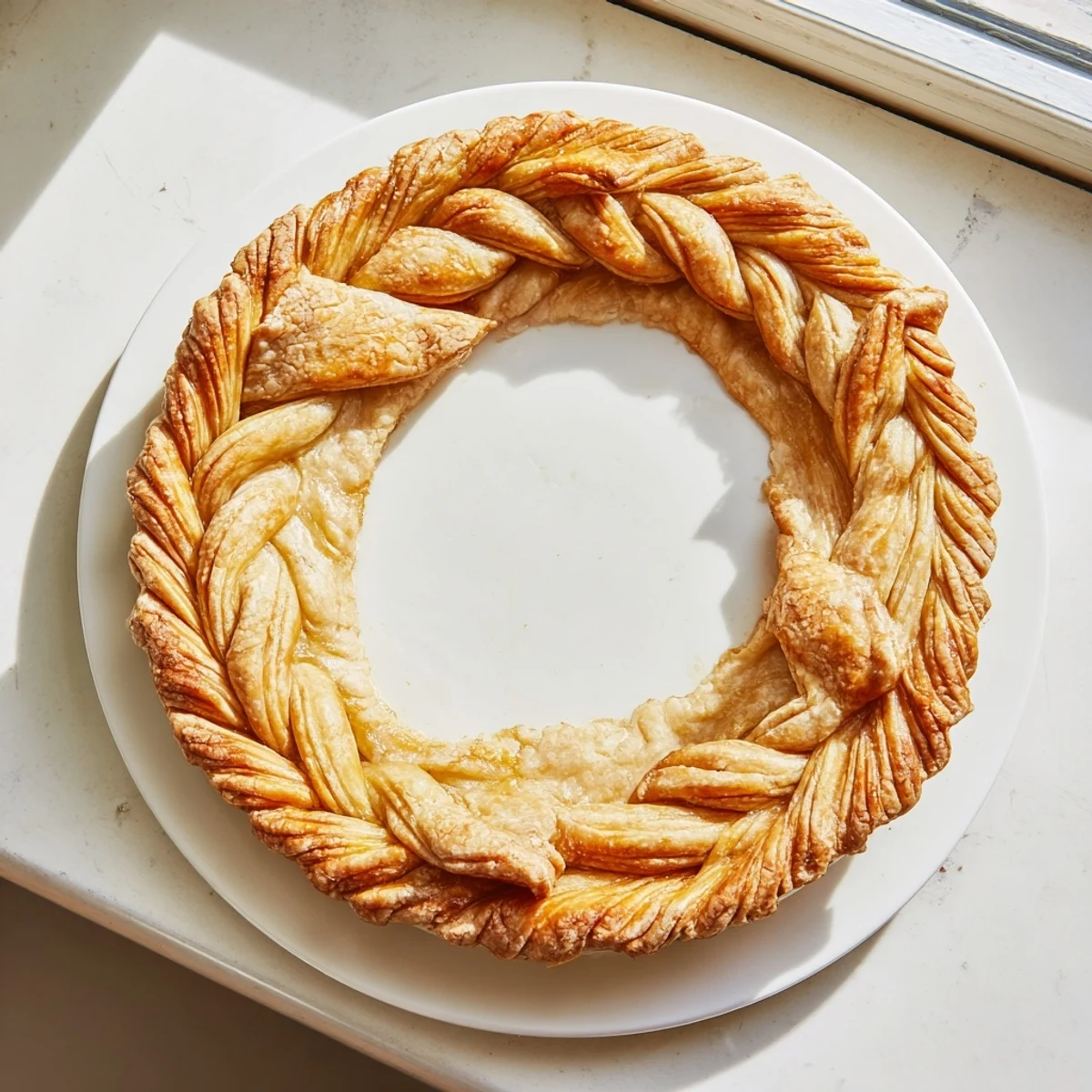 Golden fishtail braid pie crust woven around edge of fruit filled baking dish